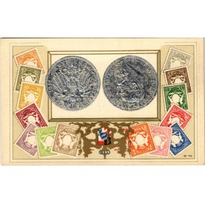 5 Márka - Német pénzérme és bélyegek. Dombornyomott / Fünf Mark - German coins and stamps. No. 42. Art Nouveau...
