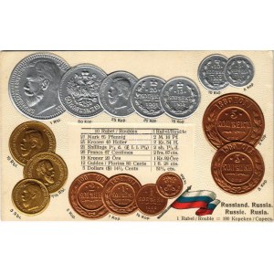 Russland - Münzenkarte und Nationalflagge / Oroszország - érmék és zászló. Dombornyomott / Russian coins and flag...