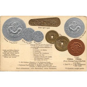 China - Münzenkarte / Kína - érmék. Dombornyomott / Chinese coins. Embossed (EK)