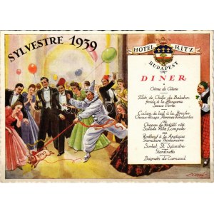 Sylvestre 1939. Hotel Ritz Dunapalota szálloda szilveszteri étlapja és reklámja / Hotel's New Year's Eve dinner menu...