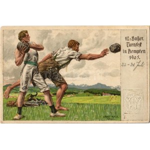 1905 12. Bayer. Turnfest in Kempten / 12th Bavarian Gymnastics Festival, shot put. Offizielle Festpostkarte litho s...