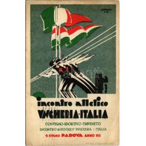 1929 Padova, Incontro Atletico Ungheria-Italia. Convegno sportivo triveneto. Incontro di Hockey Svizzera - Italia. Art...
