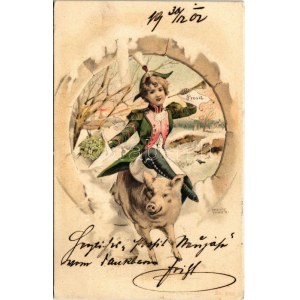 1902 Szecessziós újévi üdvözlet, malacon lovagló hölgy / Art Nouveau New Year greeting, lady riding on a pig. litho s...