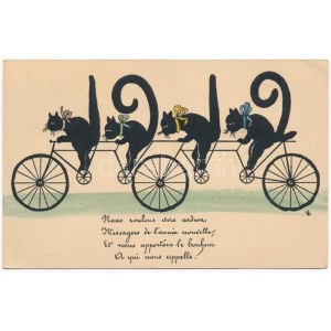 1919 Fekete macskák tandem kerékpáron. Újévi üdvözlet / New Year greeting, black cats on tandem bicycles. Art Nouveau ...