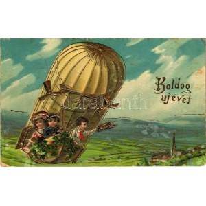 Boldog új évet! Léghajós üdvözlet arany díszítéssel / New Year greeting with airship, golden decoration (EB...
