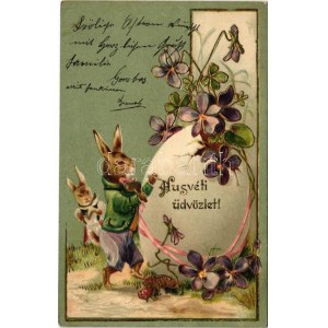 1903 Húsvéti üdvözlet! Nyuszik tojást festenek. Dombornyomott litho / Eastrer greeting, rabbits painting an egg...