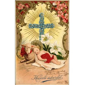 1905 Húsvéti üdvözlet! Dombornyomott szecessziós litho / Eastrer greeting. Art Nouveau, floral, embossed litho (Rb...