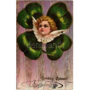 1903 Boldog újévet! Lóhere gyerekfejjel / New Year greeting, clover with baby head. litho (Rb)
