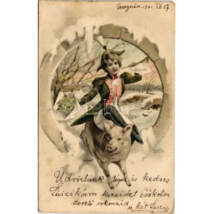 1902 Szecessziós úévi üdvözlet malacon lovagló hölggyel / New Year greeting, lady riding on a pig. Art Nouveau litho s...
