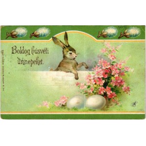 1901 Boldog húsvéti ünnepeket! nyuszi tojásokkal / Art Nouveau Easter greeting, rabbot and eggs. litho (EK...