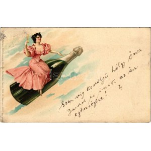 1901 Újévi üdvözlet. Pezsgősüvegen lovagló hölgy / New Year greeting, lady riding on a champagne bottle. Grimme ...