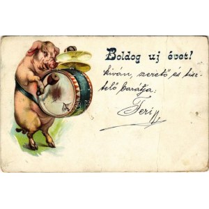 1901 Boldog új évet! Doboló malac / New Year greeting, pig drumming. litho (fa)