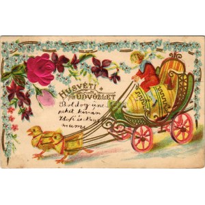 1905 Húsvéti üdvözlet! Csibe hintó, dombornyomott litho képeslap selyem rátéttel / Easter greeting, chicken chariot...