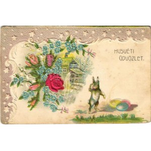 1901 Húsvéti üdvözlet! Dombornyomott nyuszis litho képeslap selyem rátéttel / Easter greeting, rabbit. Embossed, floral...