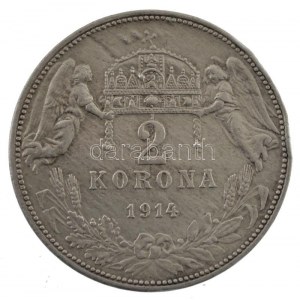 1914KB 2K Ag Ferenc József (10g) T:2- lapkahiba / Hungary 1914KB 2 Korona Ag Franz Joseph (10g) C...