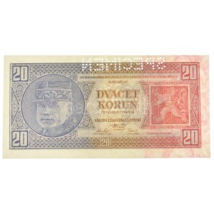 Csehszlovákia 1926. 20K SPECIMEN perforációval Og 629559 T:I- / Czechoslovakia 1926. 20 Korun with SPECIMEN...