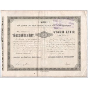 Budapest 1895. Boldvavölgyi Helyi Érdekű Vasut Részvénytársaság törzsrészvénye 200K-ról, szelvényekkel...