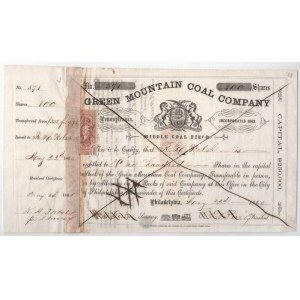 Amerikai Egyesült Államok / Philadelphia 1865. Green Mountain Szén Társaság elismervénye 100db részvényről...