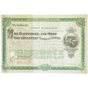 Amerikai Egyesült Államok ~1890. Baltimore és Ohio Délnyugati Vasút Társaság elismervénye 10db részvényről...