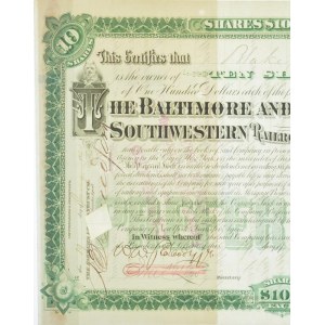 Amerikai Egyesült Államok ~1890. Baltimore és Ohio Délnyugati Vasút Társaság elismervénye 10db részvényről...