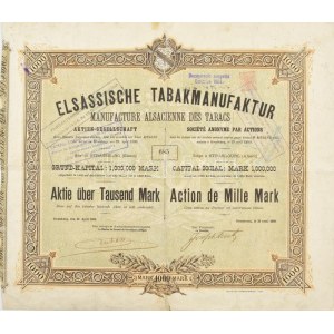 Német Birodalom / Strassbourg 1890. Elzászi Dohánymanufaktúra Részvénytársaság részvénye 1000M...