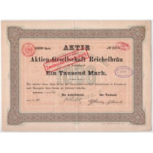 Német Birodalom / Kulmbach 1895. Reichelbräu Részvénytársaság részvénye 1000M-ról felülbélyegzéssekkel T...