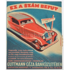 Budapest ~1930. Ez a szám befut - Guttmann Géza Banküzletében forgatható hátlapú sorsjáték reklám T:I / Hungary ...