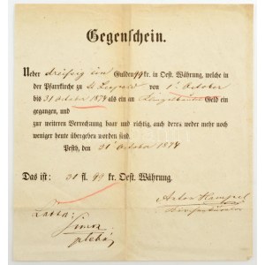 Pest (Budapest) 1874. Kitöltött váltó 31,99 osztrák értékű Guldenről, német nyelven T:III / Hungary / Pest (Budapest...