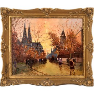 Berkes Antal (1874-1938): Nagyvárosi ősz. Olaj, vászon. Jelzett. 53x65 cm. Dekoratív, kissé sérült fakeretben. ...