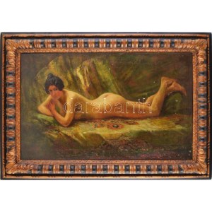1900 körül működött, feltételezhetően magyar festő: Fekvő női akt. Olaj, vászon. Dekoratív fakeretben. 51x81 cm...