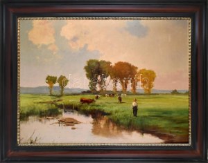 Neogrády Antal (1861-1942): Legelésző tehenek pásztorfiúval. Olaj, vászon, jelezve jobbra lent...