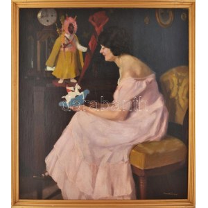 Romek Árpád (1883-1960): Hölgy játékokkal. Olaj, vászon, jelezve jobbra lent. Dublírozott. Dekoratív fakeretben...