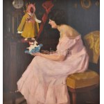 Romek Árpád (1883-1960): Hölgy játékokkal. Olaj, vászon, jelezve jobbra lent. Dublírozott. Dekoratív fakeretben...