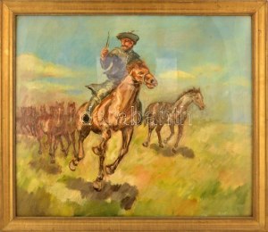 Viski János (1891-1987): Csikós lovakkal. Olaj, vászon, jelezve balra lent: Viski J. Dekoratív fakeretben, 60x70 cm. ...