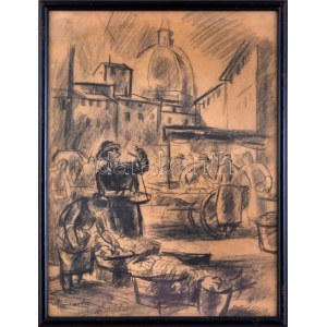 Deli Antal (1886-1960): Firenzei piac, 1926. Szén, papír. Jelezve balra lent. Üvegezett fa keretben. 46×34 cm ...