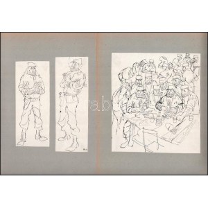 Rau Tibor (1934-2000: 17 db illusztráció Rejtő Jenő Három testőr Afrikában c. könyvéhez, 1962. Tus, papír...