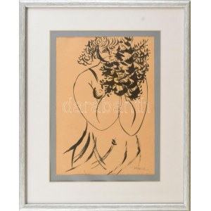 Hincz Gyula (1904-1986): Női akt virággal. Tus, papír, jelzett, üvegezett fa keretben. Lap alján apró szakadással...