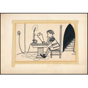 Kassowitz Félix (1907-1983): Modern idők (cím nélkül, karikatúra). Tus, papír, jelezve jobbra lent, papírra ragasztva...