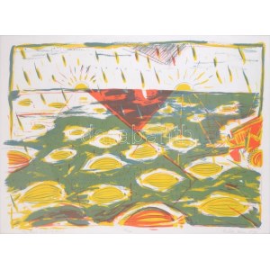Bukta Imre (1952-): Tájkép, 1989. Ofszet litográfia, papír. Jelzett. Számozott (18/30). 50x72 cm. Fa keretben. ...