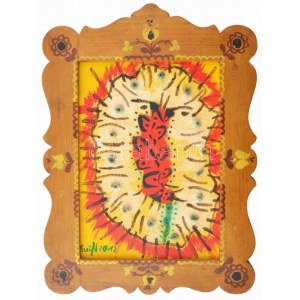 Szeift Béla (1944-2012): Féregvirág, 2012. Olaj, applikáció, karton, jelzett, fakeretben, 27×20 cm...
