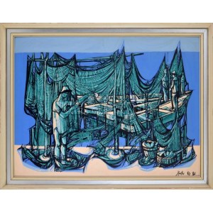 Xantus Gyula (1919-1993): Hálószárítás. Olaj, farost. Jelezve jobbra lent...