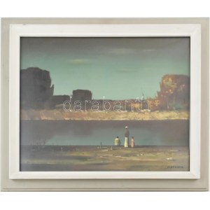 ifj. Benedek Jenő (1939-2019): Emberek a vízparton. Olaj, farost, jelzett, üvegezett fakeretben, 40x50 cm ...