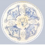 Zsolnay vadászos, nagy méretű mosdótál, 1900 körül, öblében szarvas, medve és muflon motívumokkal...