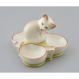 Zsolnay rókás hamutartó, kézzel festett porcelán, (tervezte: Sinkó András 1936 körül (1901-1976)), kézzel festett...