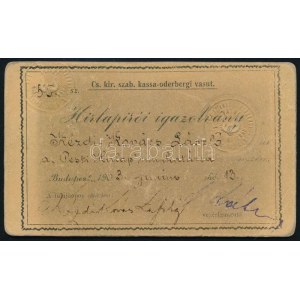 1903 Kézdi-Kovács László (1864-1942) festőművész, műkritikus, a Pesti Hírlap munkatársa fényképes igazolványa a Cs. K...