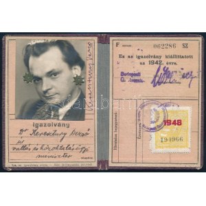 1947 Keresztury Dezső (1904-1996) vallás és közoktatásügyi miniszter fényképes MÁV igazolványa...