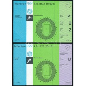 1972.IX.8-9. München, olimpiai belépőjegyek atlétikai versenyre és futballmérkőzésre, 15x10,5 cm / Munich...
