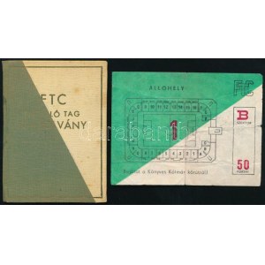 1974 FTC pártoló tag tagsági igazolvány, bélyegekkel, hozzá egy korabeli belépőjegy