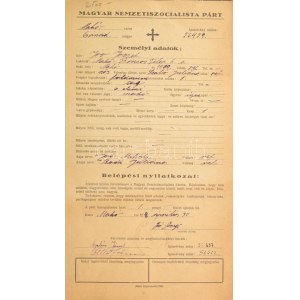 1944 Magyar Nemzetiszocialista Párt kitöltött belépési nyilatkozat
