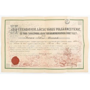 1868 Lőcse, városi polgárok közé felvételt igazoló oklevél a főjegyző aláírásával 1Fl illetékbélyeggel. Litográfia ...